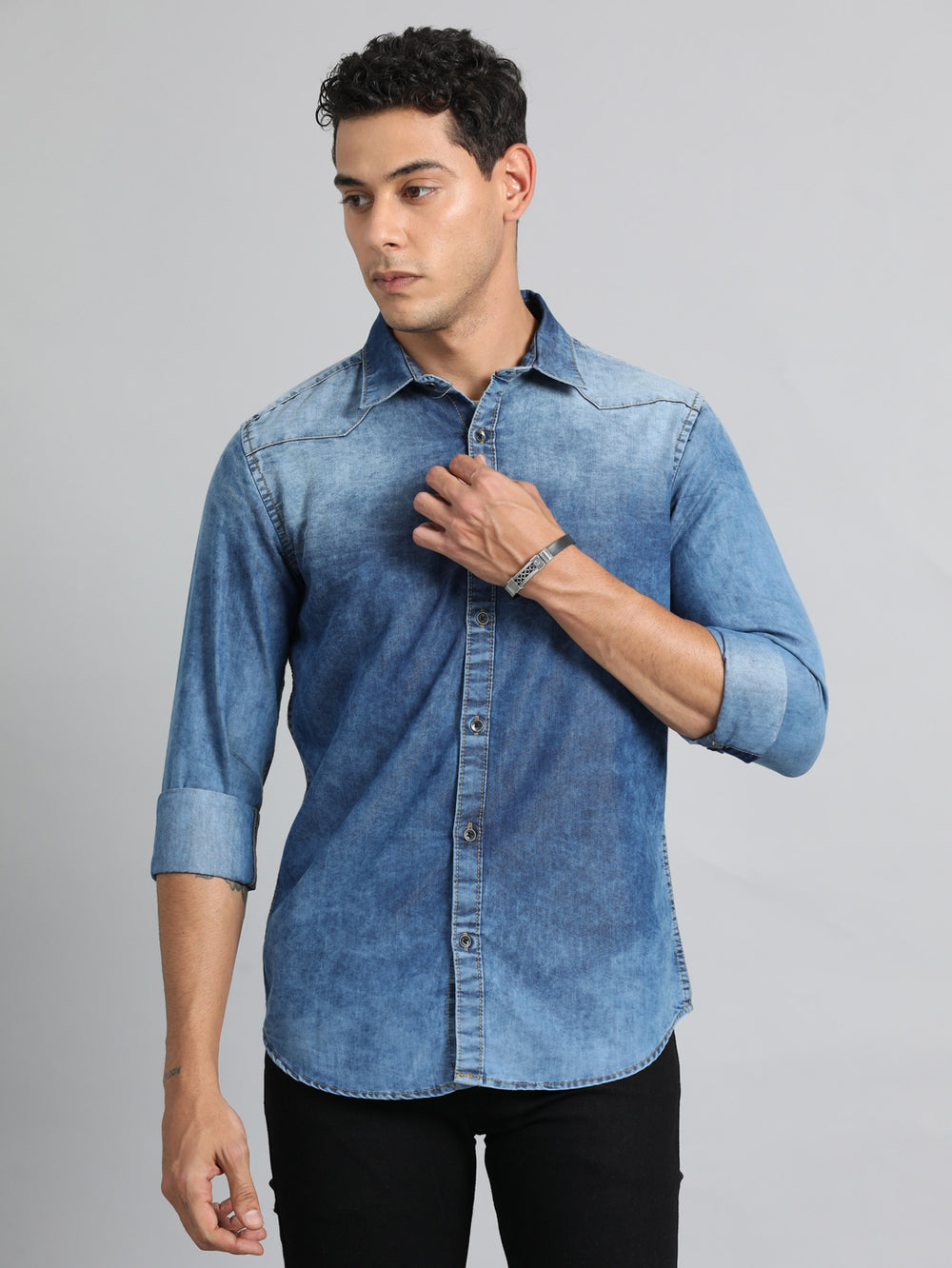 Stone Blue Solid Denim Shirt Denim Shirts Bushirt