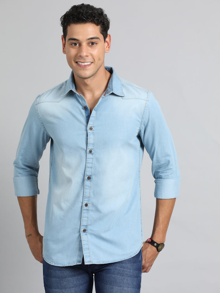 Slate Blue Solid Denim Shirt Denim Shirts Bushirt