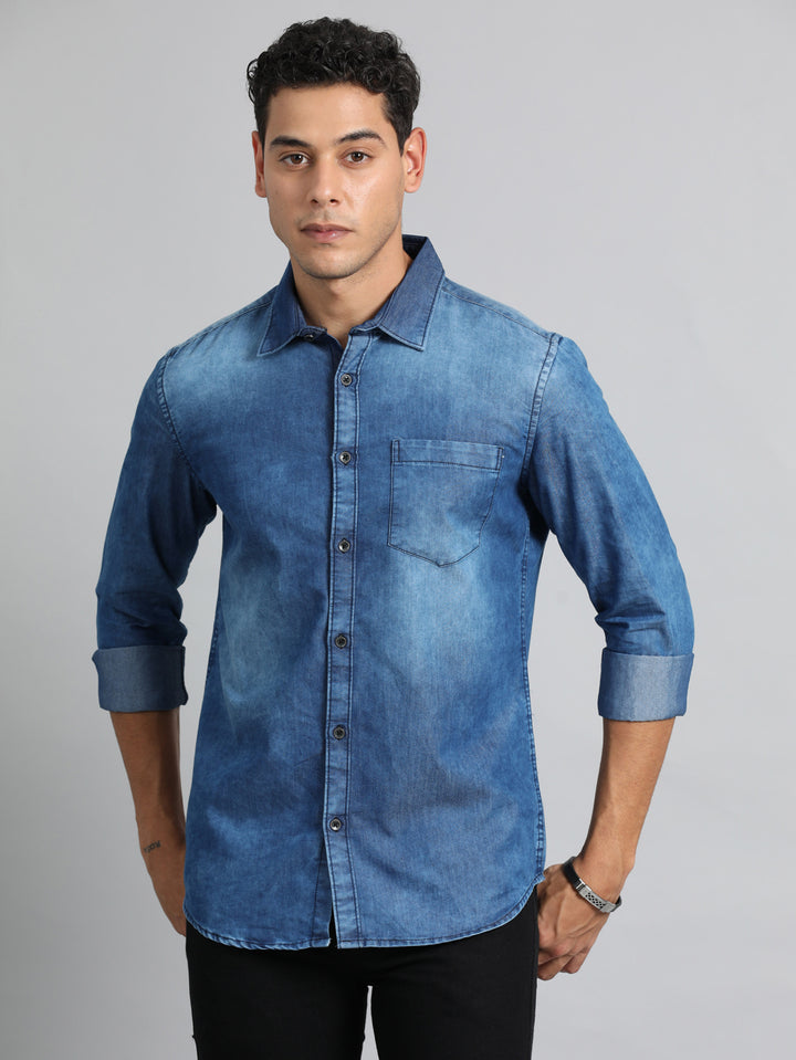 Stone Blue Denim Shirt Solid Shirt Bushirt   