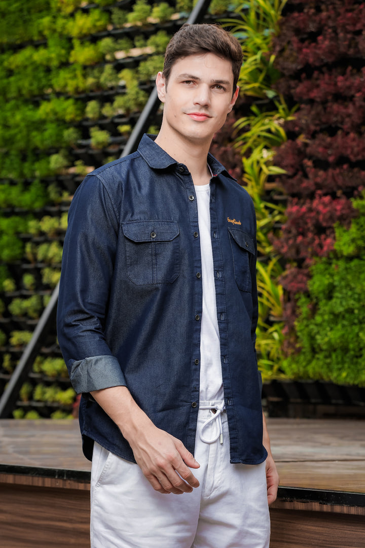 Dark Blue Cargo Denim Shirt Denim Shirts Bushirt