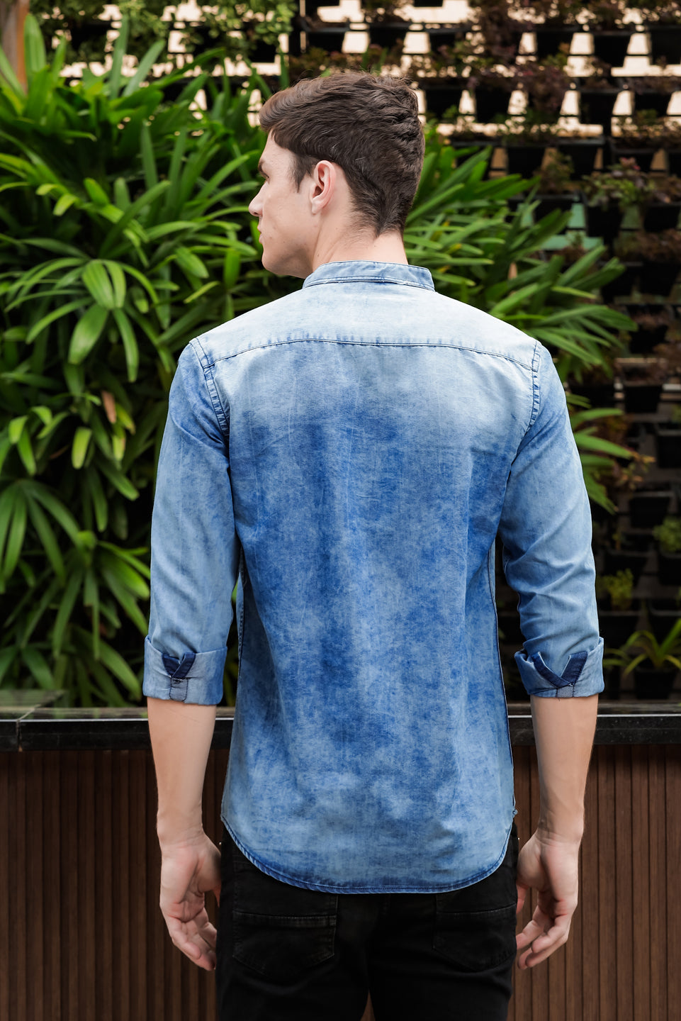 Slate Blue Chinese Collar Denim Shirt Solid Shirt Bushirt   