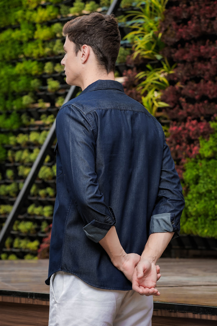 Dark Blue Cargo Denim Shirt Solid Shirt Bushirt   