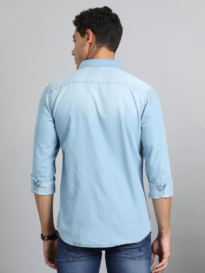 Slate Blue Solid Denim Shirt Denim Shirts Bushirt