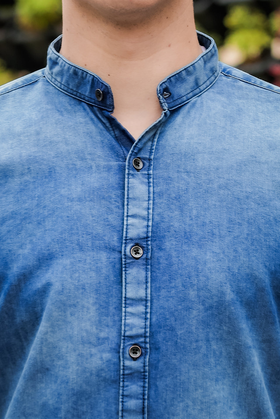 Stone Blue Chinese Collar Denim Shirt Solid Shirt Bushirt   