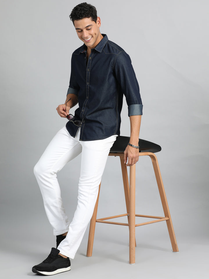 Dark Blue Solid Denim Shirt Denim Shirts Bushirt