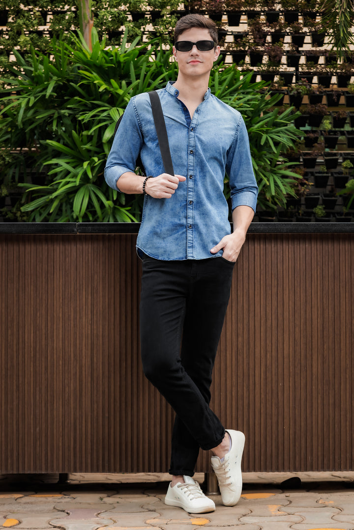 Slate Blue Chinese Collar Denim Shirt Solid Shirt Bushirt   