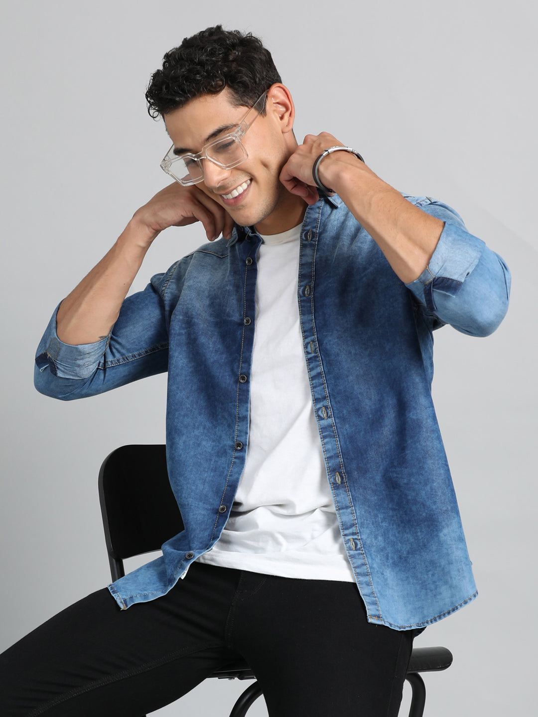 Stone Blue Solid Denim Shirt Denim Shirts Bushirt