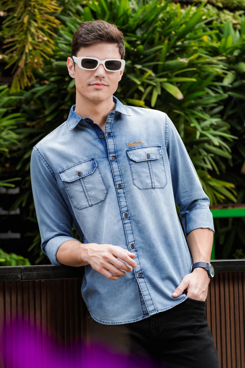 Slate Blue Cargo Denim Shirt Denim Shirts Bushirt