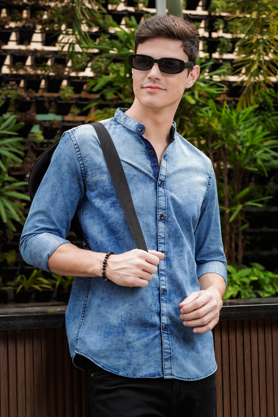 Slate Blue Chinese Collar Denim Shirt Solid Shirt Bushirt   