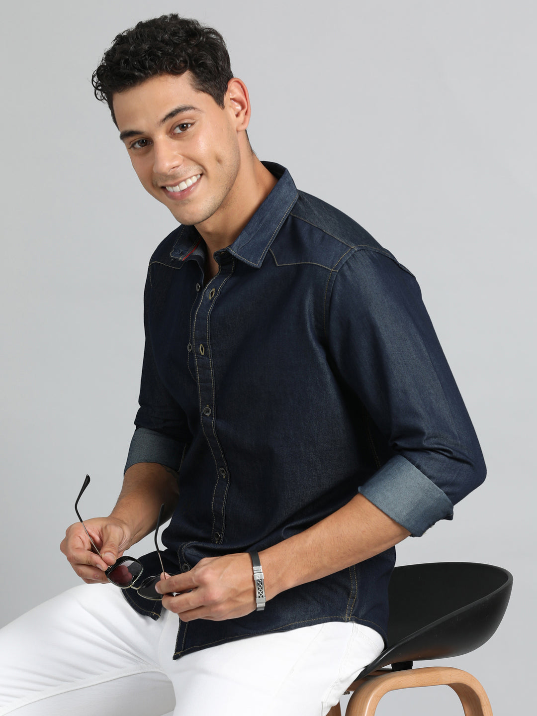 Dark Blue Solid Denim Shirt Denim Shirts Bushirt