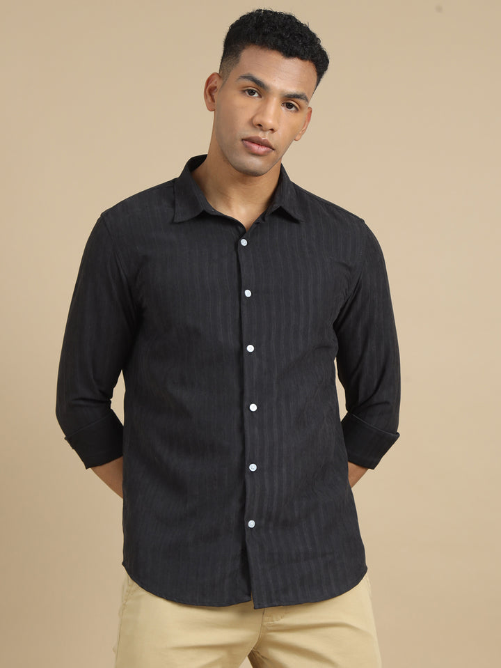 Jet Black Solid Harring Bone Shirt Solid Shirt Bushirt