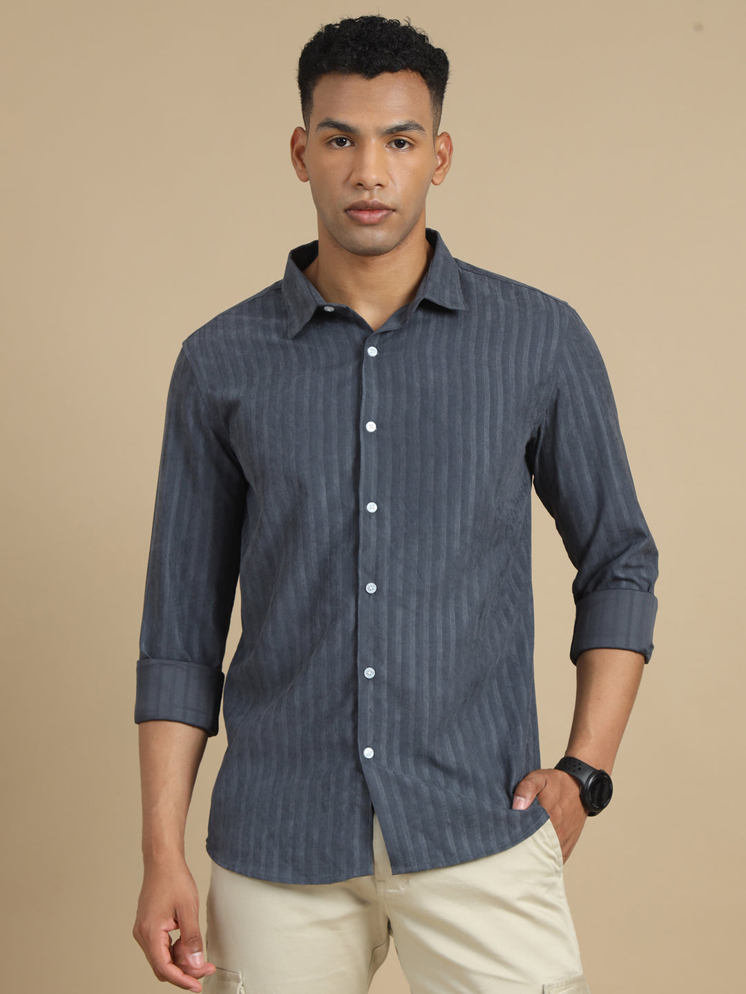 Warm Grey Solid Harring Bone Shirt Solid Shirt Bushirt