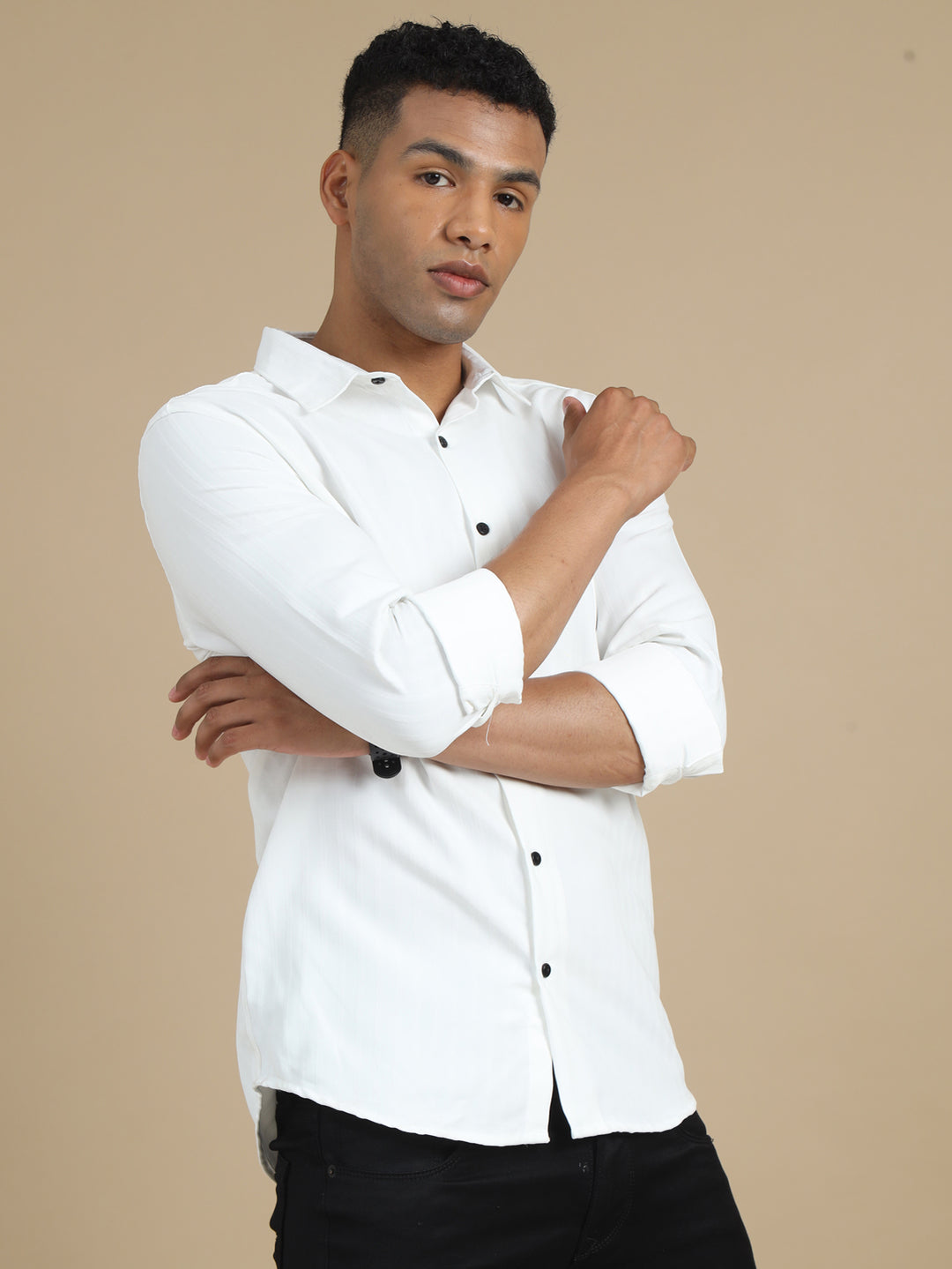 White Harring Bone Solid Shirt Solid Shirt Bushirt