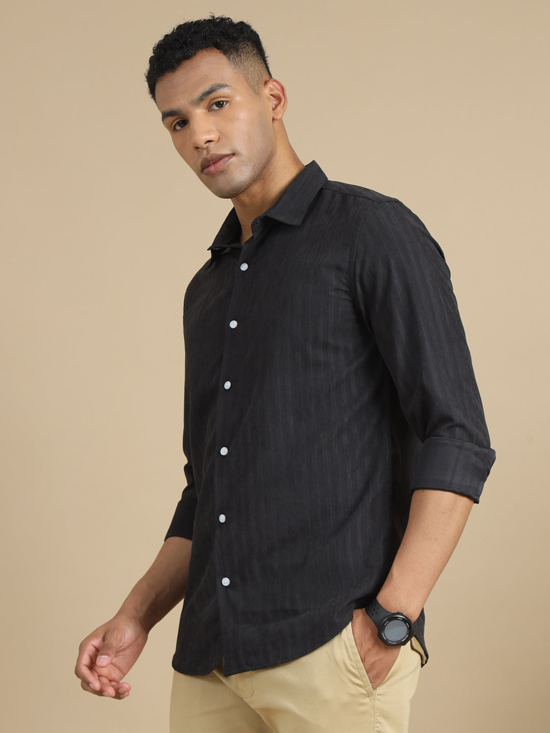 Jet Black Solid Harring Bone Shirt Solid Shirt Bushirt