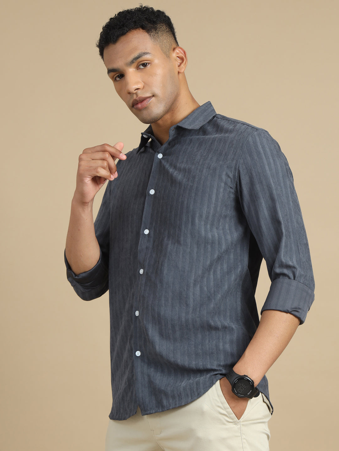Warm Grey Solid Harring Bone Shirt Solid Shirt Bushirt