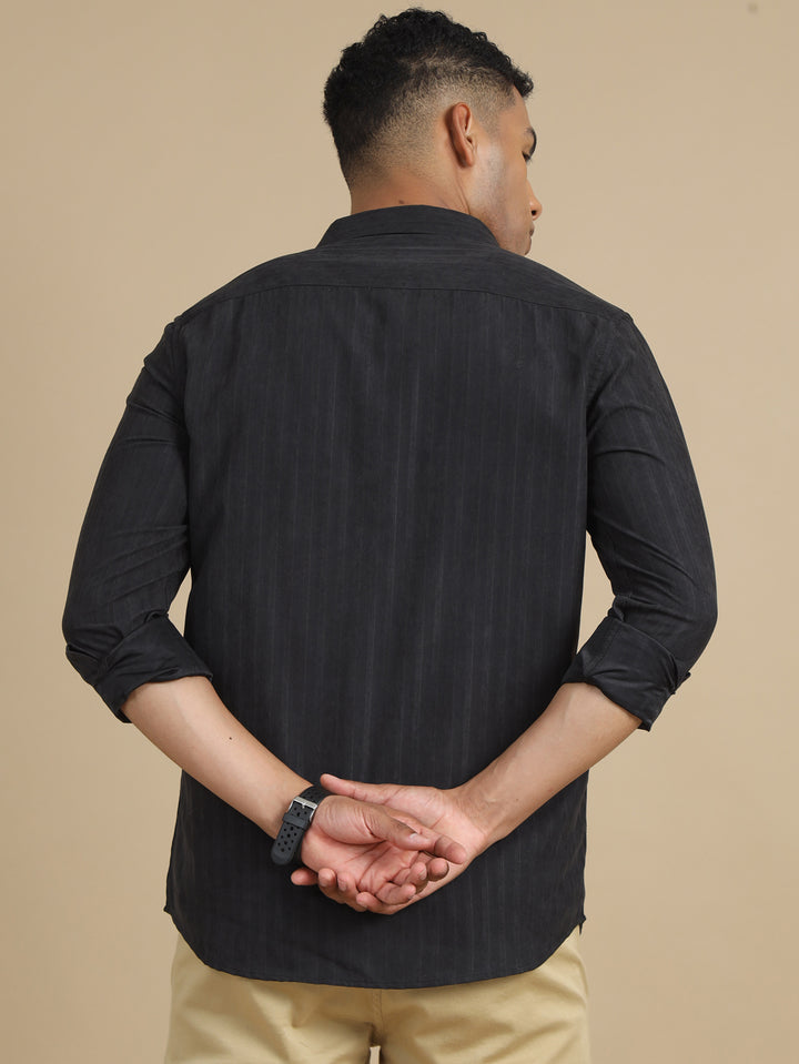 Jet Black Solid Harring Bone Shirt Solid Shirt Bushirt