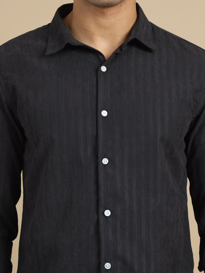 Jet Black Solid Harring Bone Shirt Solid Shirt Bushirt
