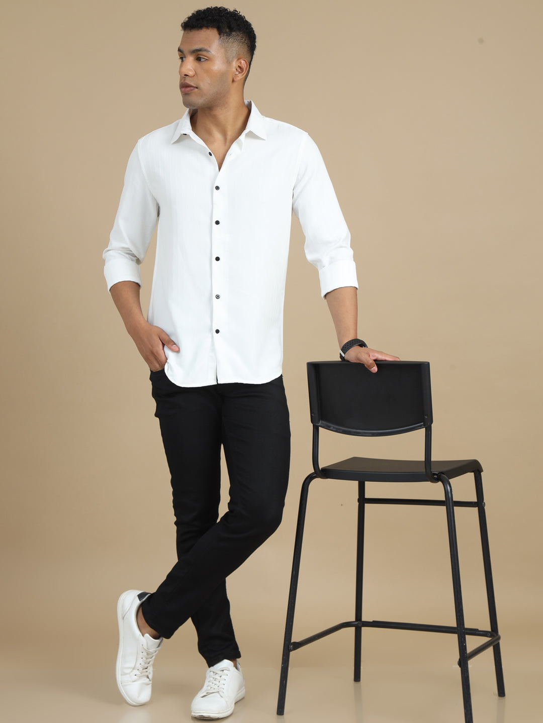 White Harring Bone Solid Shirt Solid Shirt Bushirt