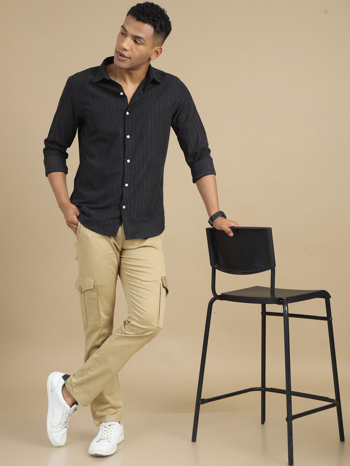 Jet Black Solid Harring Bone Shirt Solid Shirt Bushirt