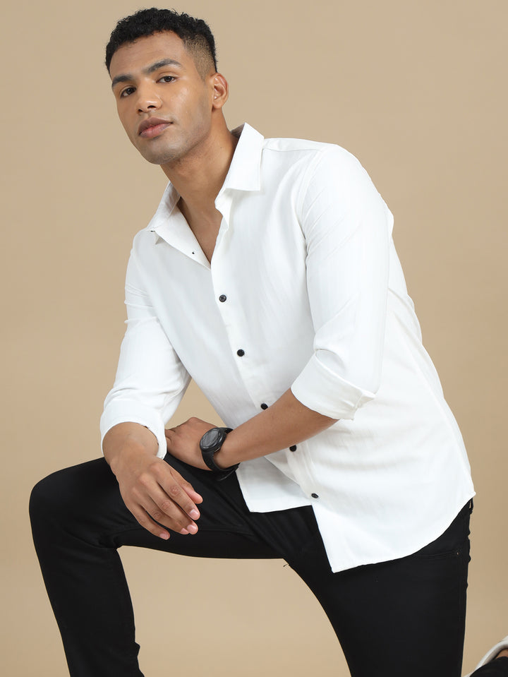 White Harring Bone Solid Shirt Solid Shirt Bushirt