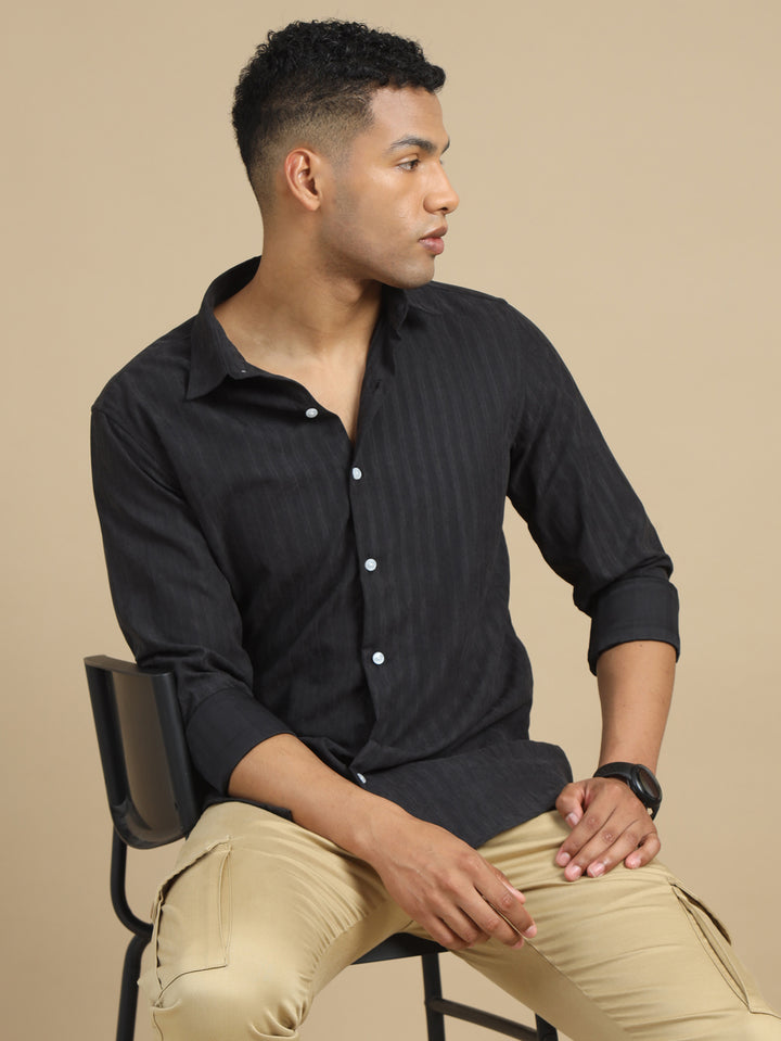 Jet Black Solid Harring Bone Shirt Solid Shirt Bushirt