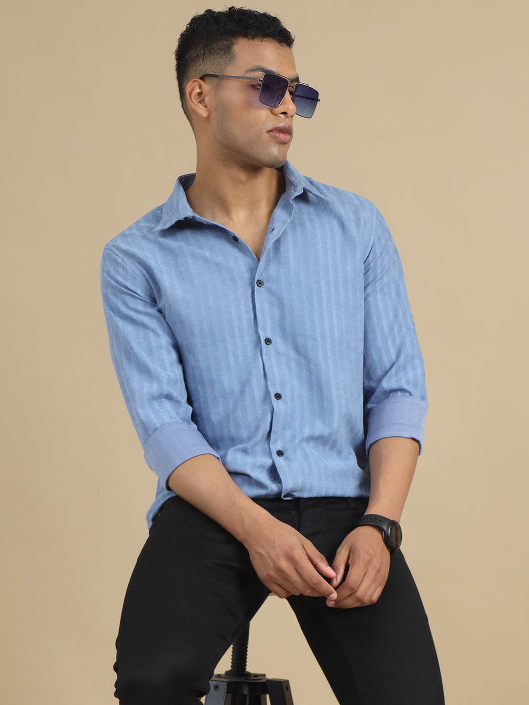 Spruce Blue Solid Harring Bone Shirt Solid Shirt Bushirt