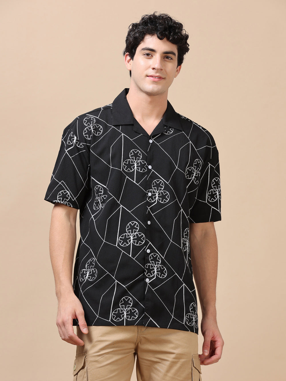 Circling Star Black Embroidery Shirt Oversize Shirt Bushirt