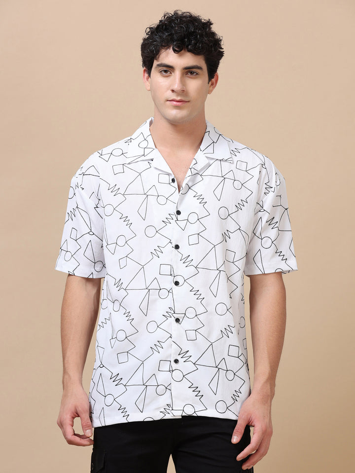 Abstract White Embroidery Shirt Oversize Shirt Bushirt