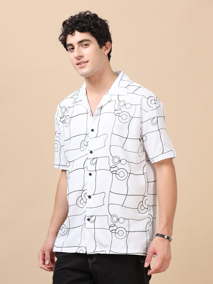 Circle Line White Embroidery Shirt Oversize Shirt Bushirt