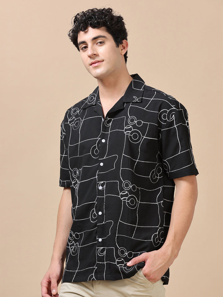Circle Line Black Embroidery Shirt Oversize Shirt Bushirt