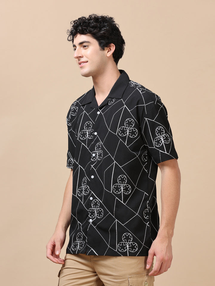 Circling Star Black Embroidery Shirt Oversize Shirt Bushirt