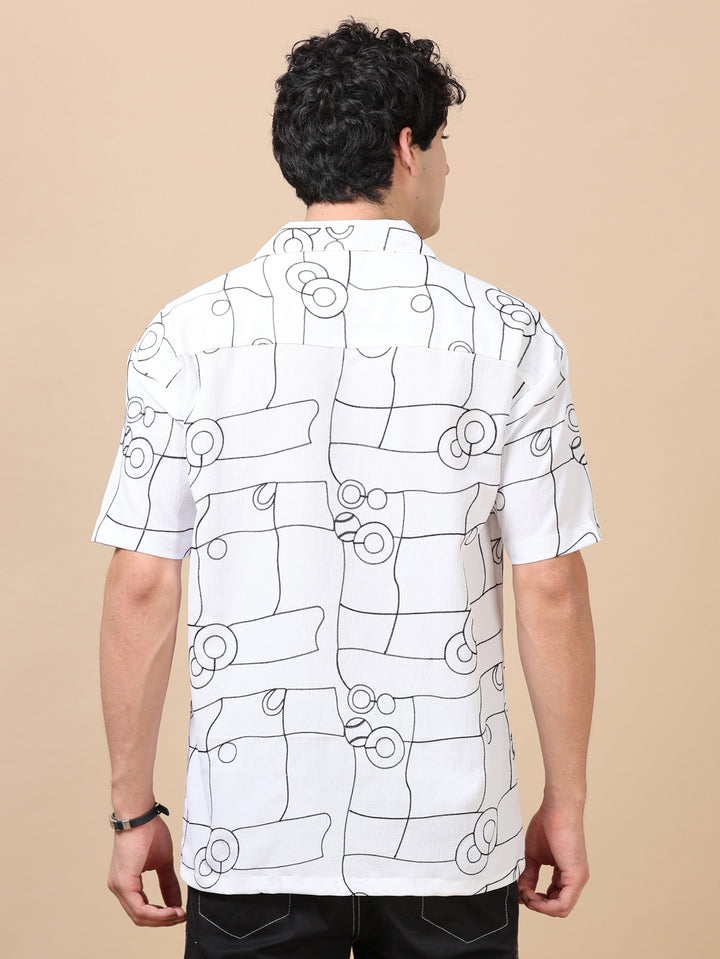 Circle Line White Embroidery Shirt Oversize Shirt Bushirt