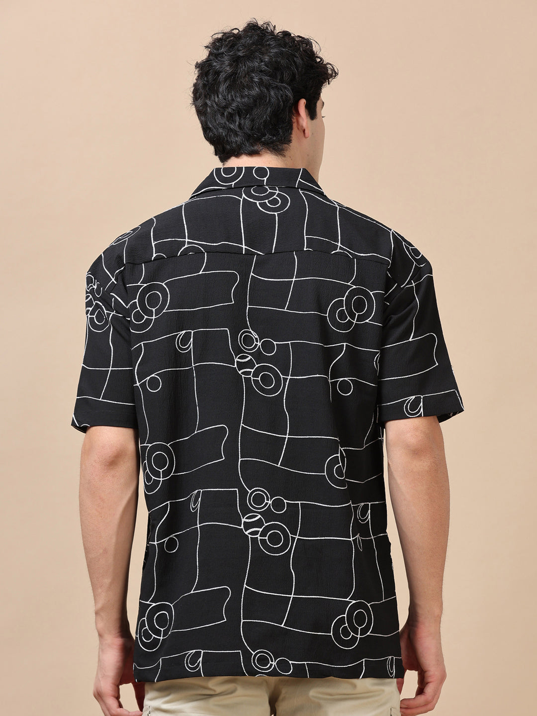 Circle Line Black Embroidery Shirt Oversize Shirt Bushirt