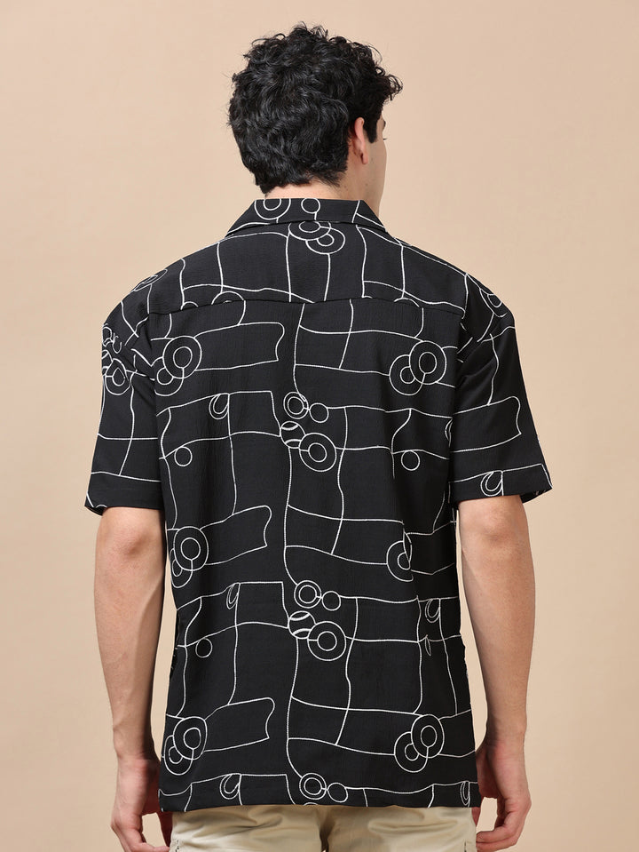 Circle Line Black Embroidery Shirt Oversize Shirt Bushirt