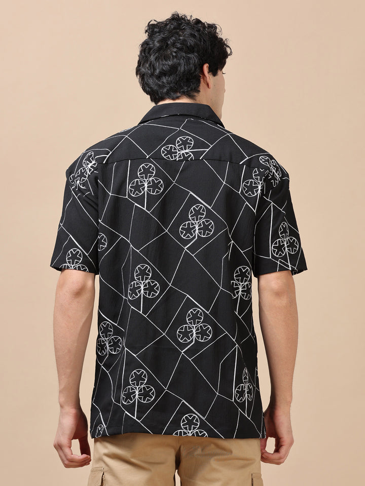 Circling Star Black Embroidery Shirt Oversize Shirt Bushirt