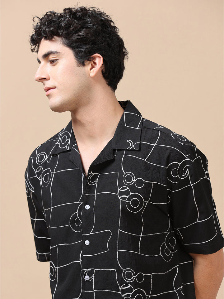 Circle Line Black Embroidery Shirt Oversize Shirt Bushirt