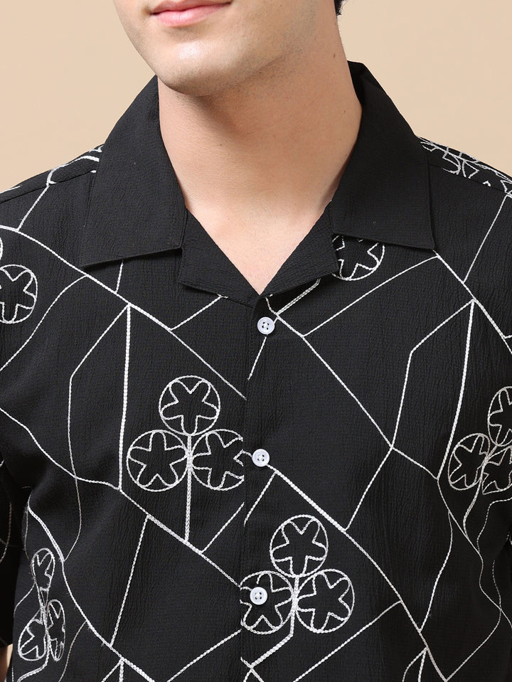 Circling Star Black Embroidery Shirt Oversize Shirt Bushirt