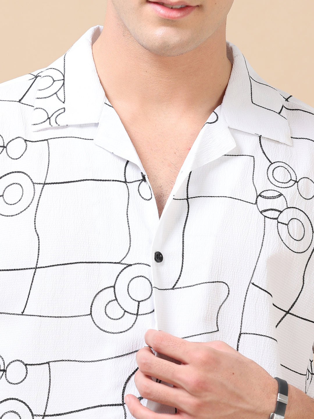 Circle Line White Embroidery Shirt Oversize Shirt Bushirt