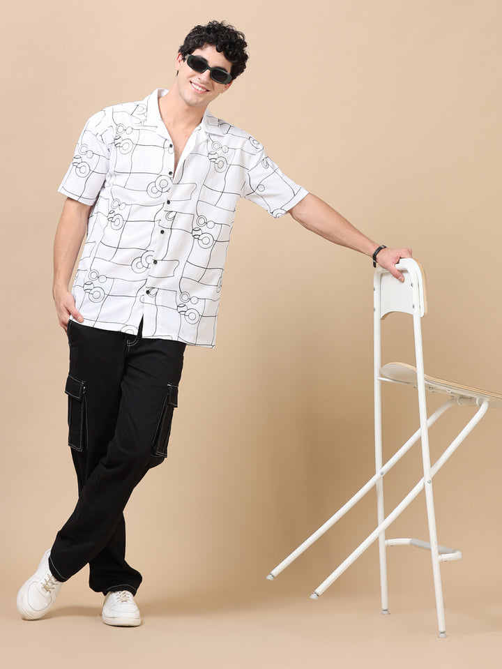 Circle Line White Embroidery Shirt Oversize Shirt Bushirt