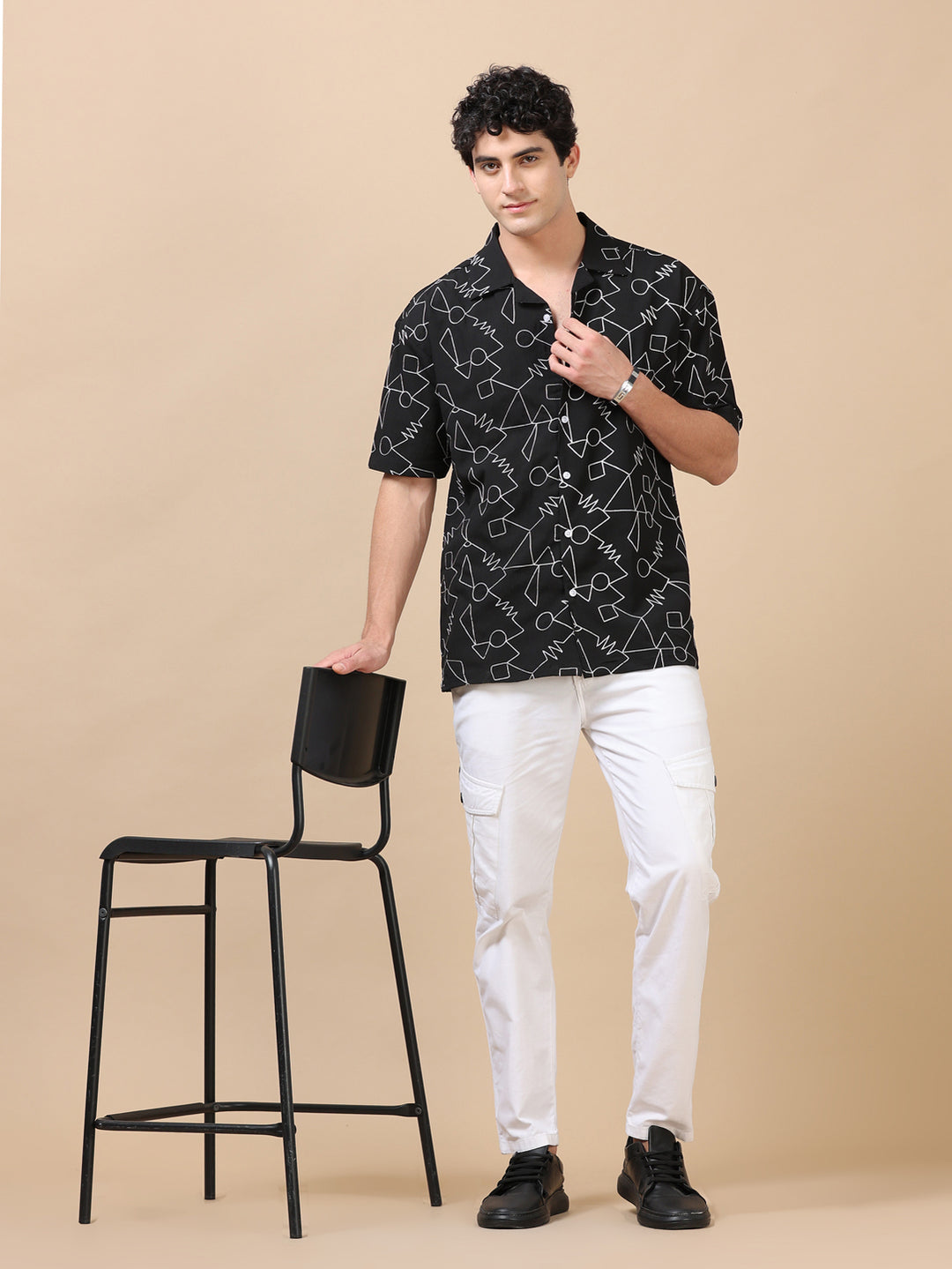 Abstract Black Embroidery Shirt Oversize Shirt Bushirt