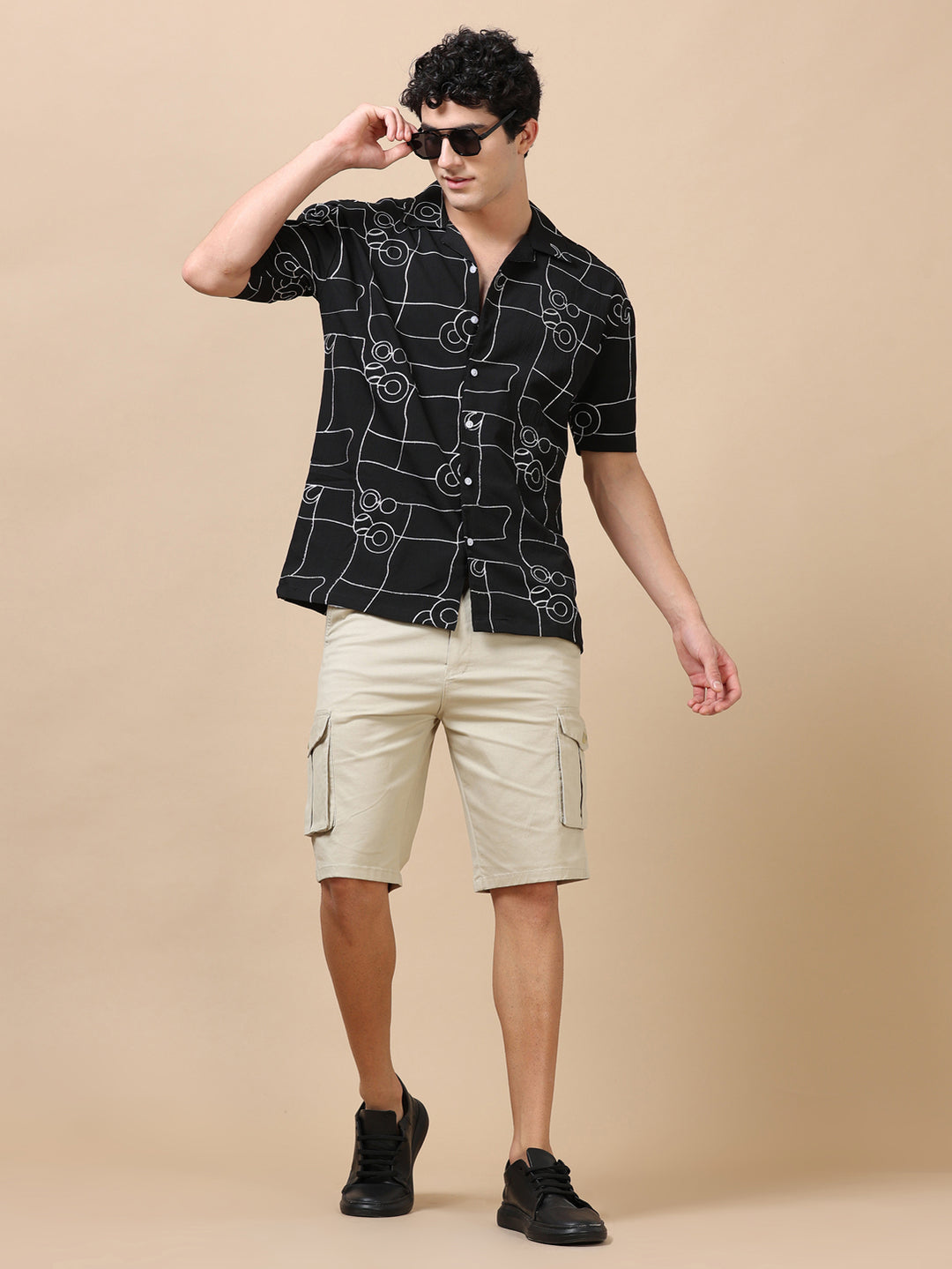 Circle Line Black Embroidery Shirt Oversize Shirt Bushirt