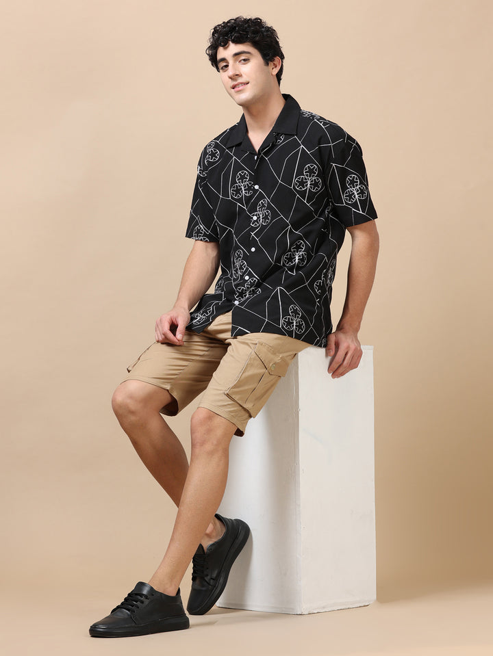 Circling Star Black Embroidery Shirt Oversize Shirt Bushirt