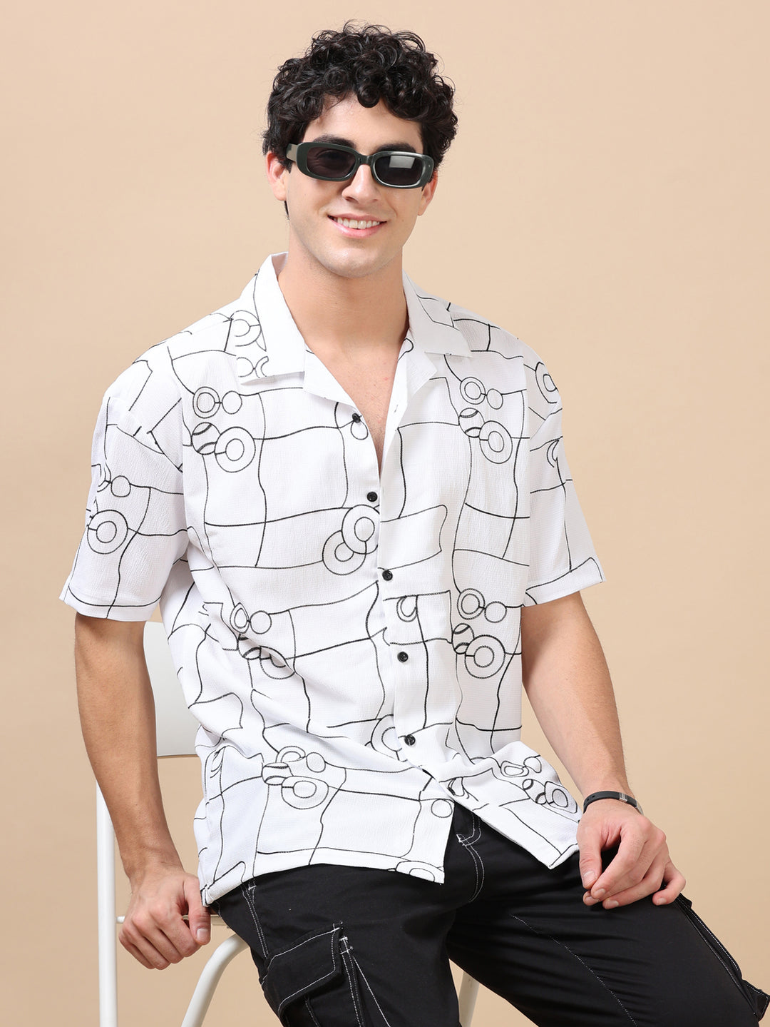 Circle Line White Embroidery Shirt Oversize Shirt Bushirt