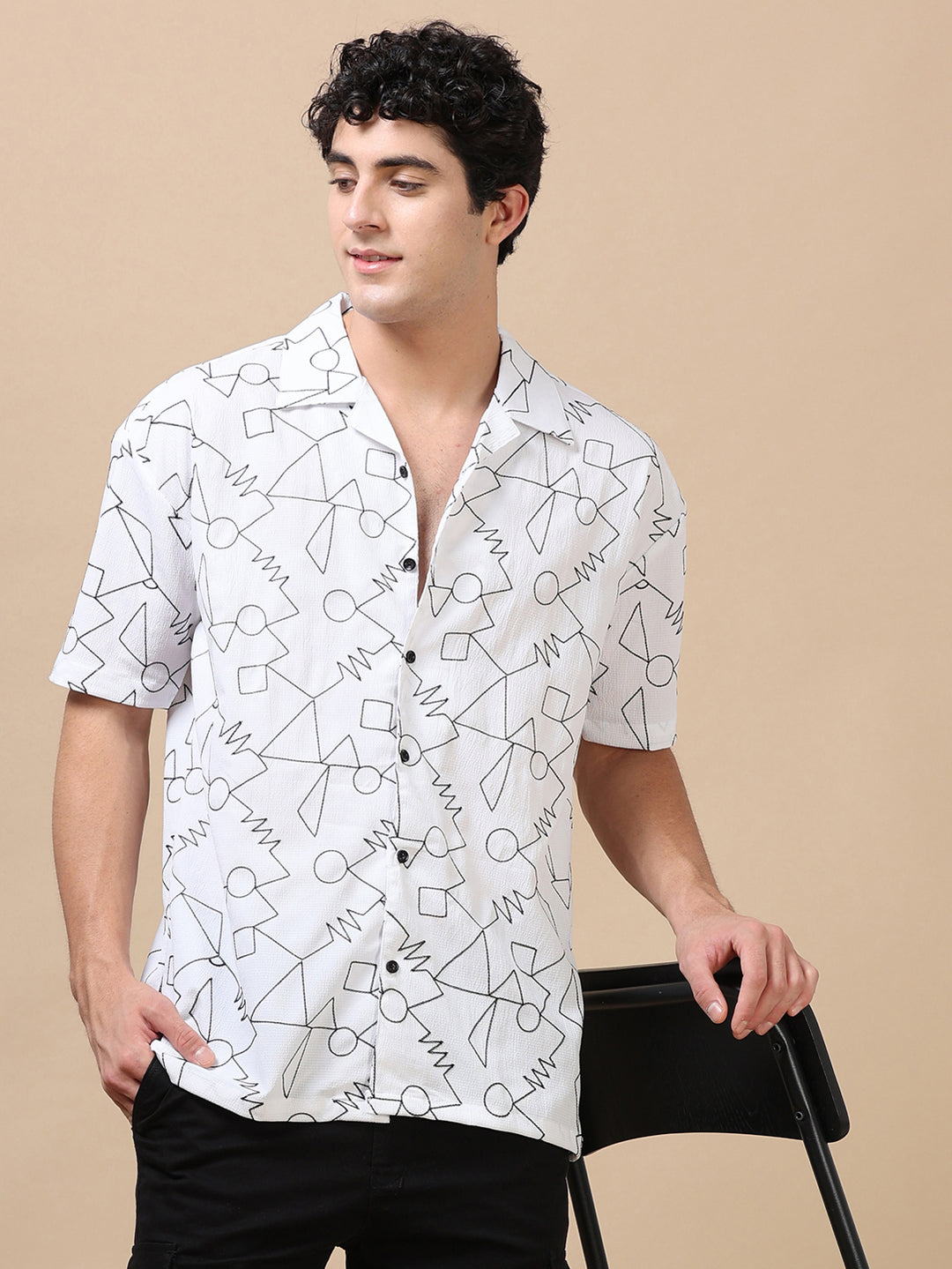 Abstract White Embroidery Shirt Oversize Shirt Bushirt