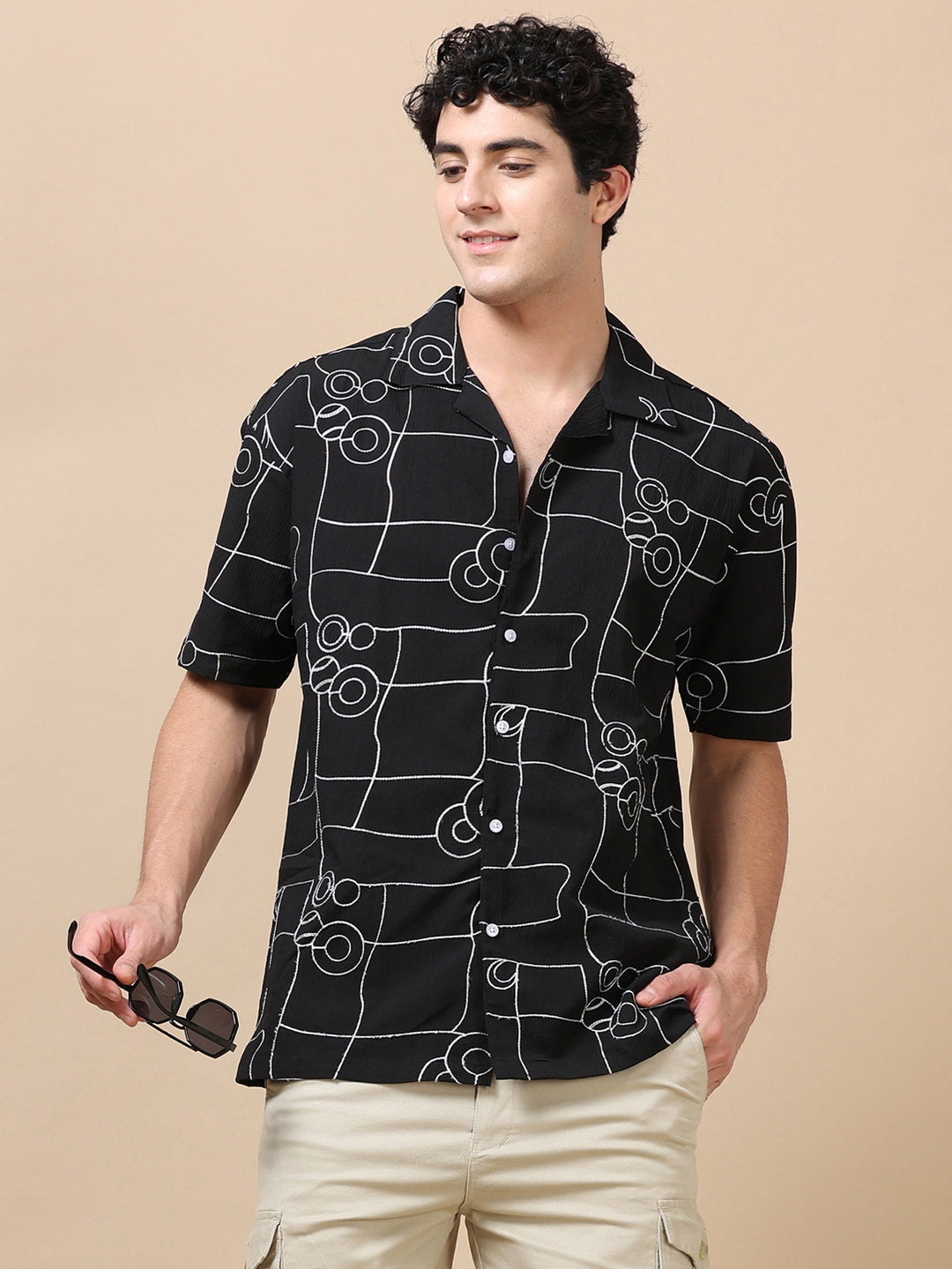 Circle Line Black Embroidery Shirt Oversize Shirt Bushirt