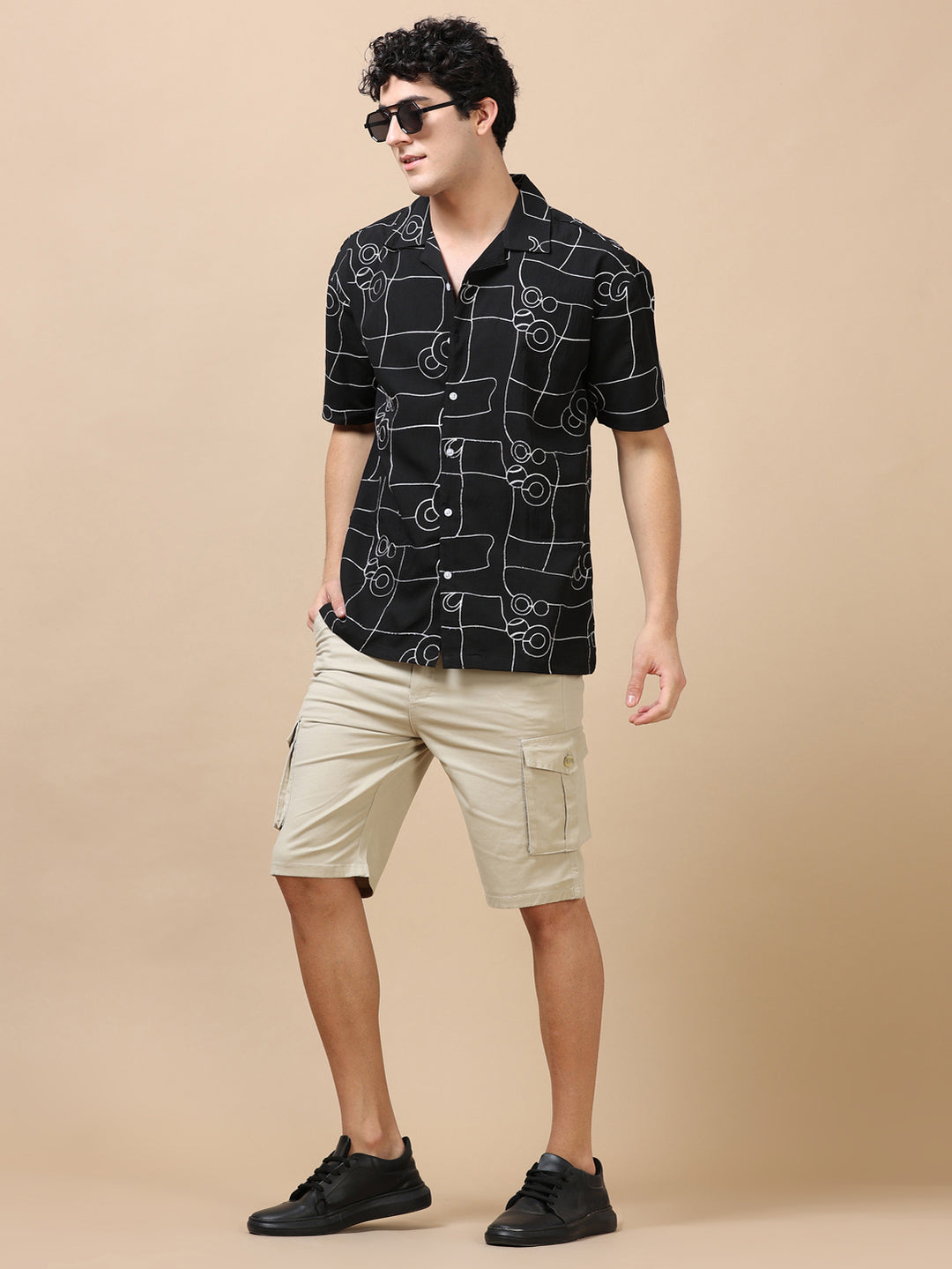 Circle Line Black Embroidery Shirt Oversize Shirt Bushirt