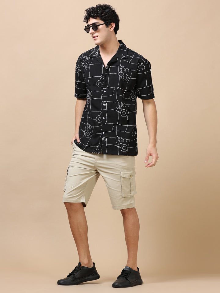 Circle Line Black Embroidery Shirt Oversize Shirt Bushirt