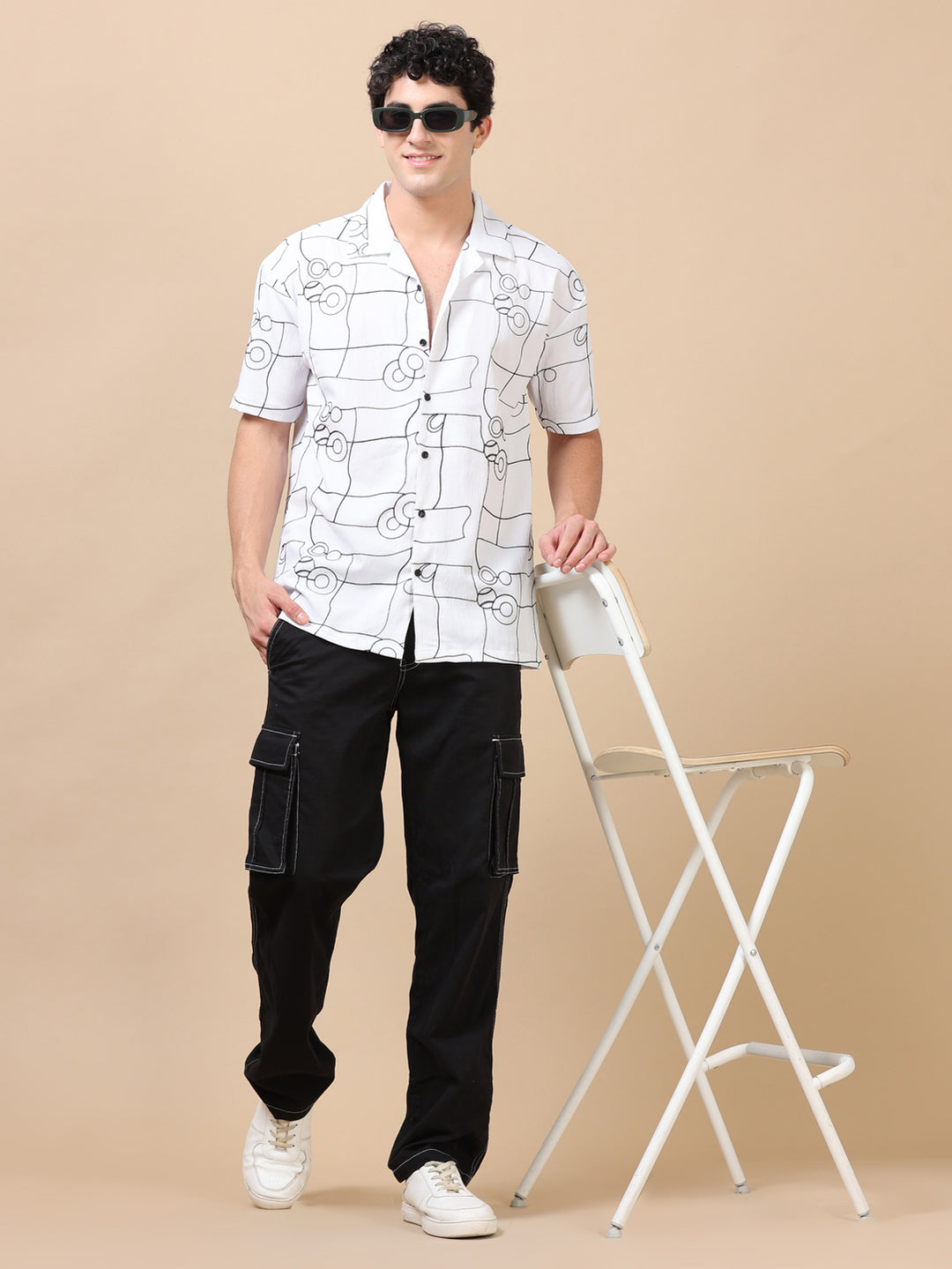 Circle Line White Embroidery Shirt Oversize Shirt Bushirt