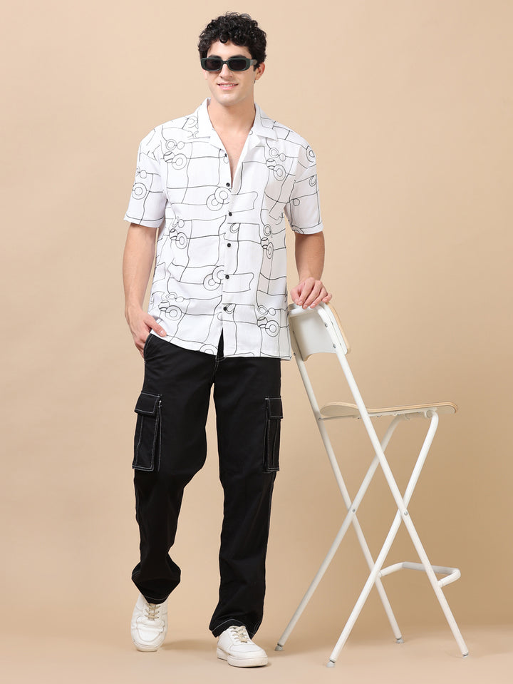 Circle Line White Embroidery Shirt Oversize Shirt Bushirt