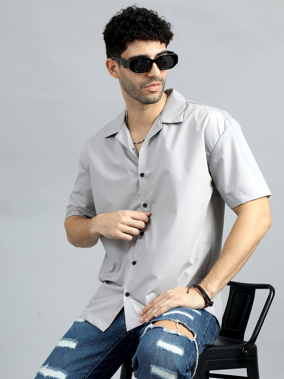 Grey Oversize Solid Shirt Oversize Shirt Bushirt